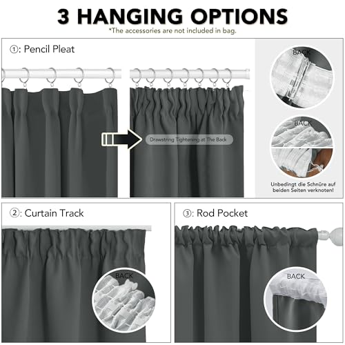Deconovo Draperii 175 x 140 cm cu banda blackout termice cu pliuri creion, 2 panouri, gri inchis