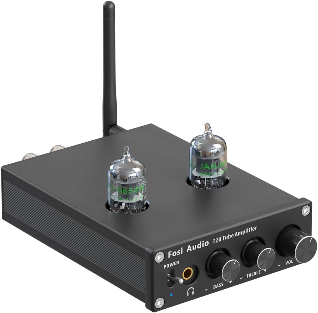 Fosi Audio T20 Bluetooth Tube Amplifier, Stereo Headphone Amplifier 2 Channel, Class D Digital Mini Hi-Fi aptX Compact Integrated Power Amp for Home Passive Speakers with 5654W Vacuum Tubes