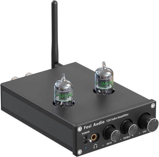 Fosi Audio T20 Bluetooth Tube Amplifier, Stereo Headphone Amplifier 2 Channel, Class D Digital Mini Hi-Fi aptX Compact Integrated Power Amp for Home Passive Speakers with 5654W Vacuum Tubes