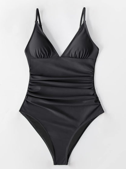 Costum de baie intreg CUPSHE cu decolteu in V, dungi si control al abdomenului, marimea XL, negru