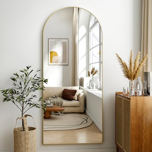 Oglinda podea curbata 181x63 cm BEAUTYPEAK, stand si montaj perete, auriu