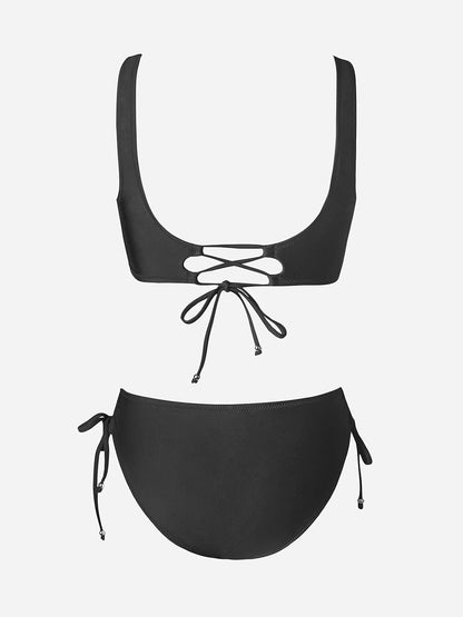 Costum de baie bikini CUPSHE cu aspect petrecut si snur, imprimeu floral, doua piese, marimea M, negru pur