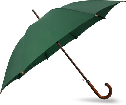 Umbrela clasica automata SoulRain cu maner J din lemn, transparenta, rezistenta la vant, 121,9 cm, verde inchis