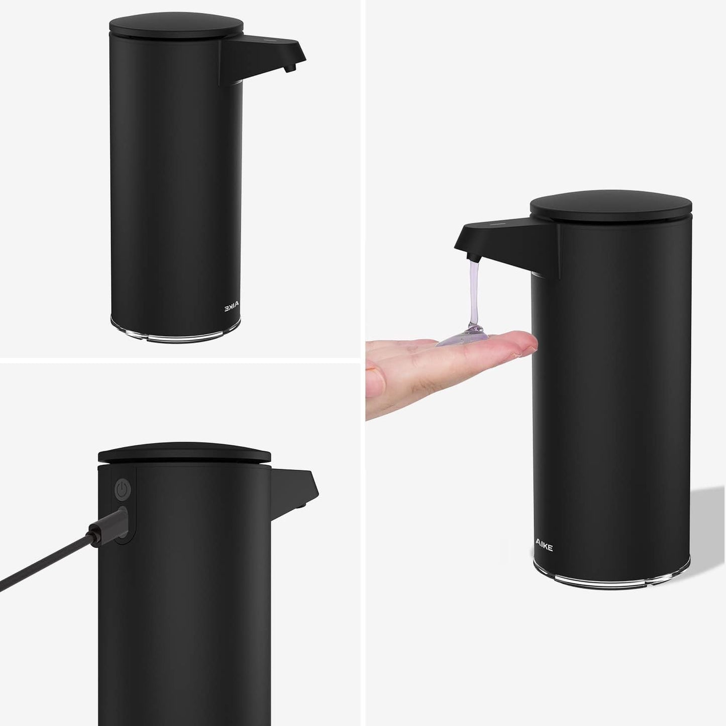 AIKE AK1333 280ml/9.5oz Automatic Soap Dispenser USB Rechargeable, Stainless Steel Soap Dispenser, Touchless Hand Soap Dispenser Liquid for Bathroom and Kitchen Matte Black