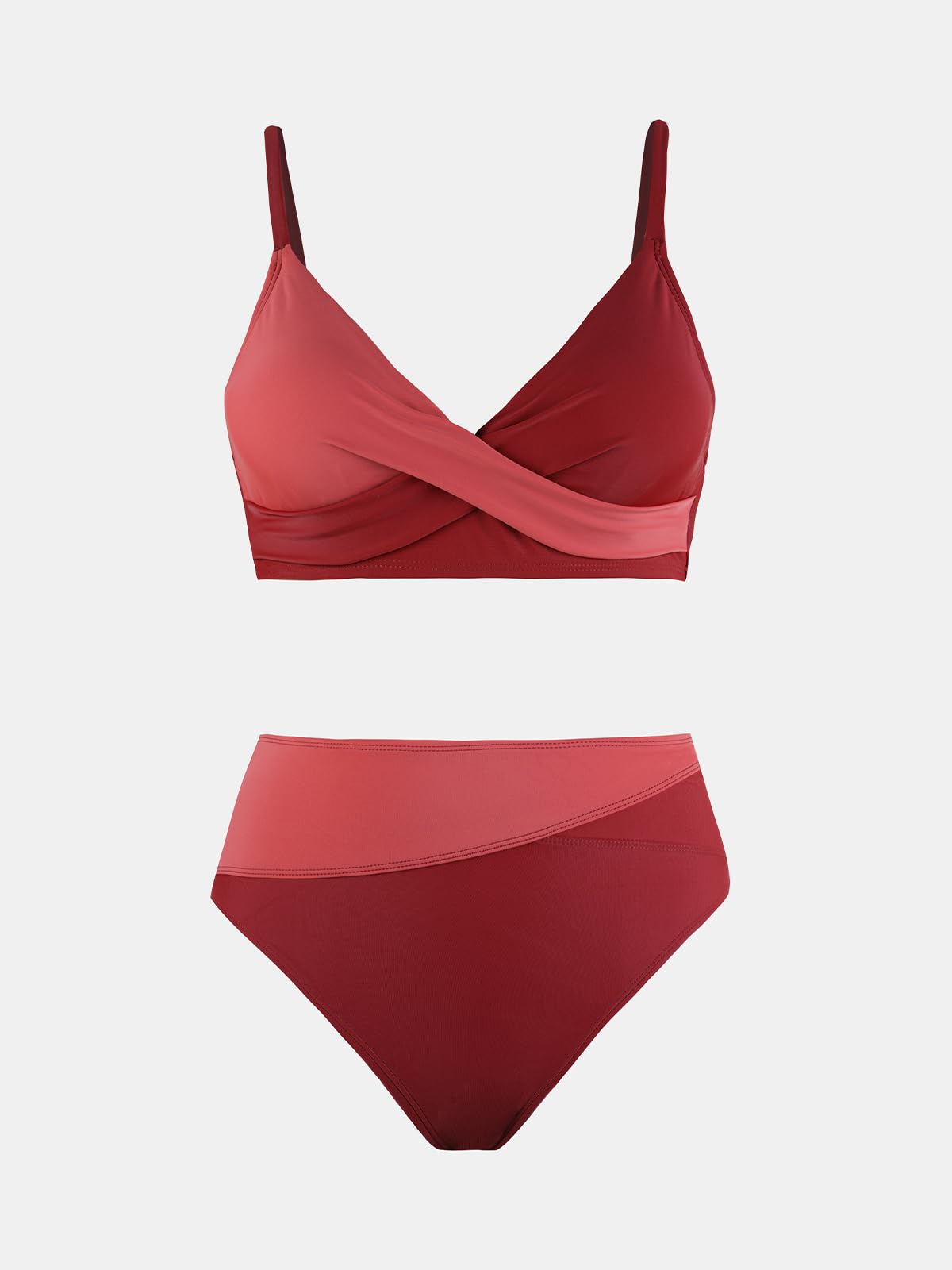 Costum de baie- Rosu L - CUPSHE Bikini Set Talie Inalta V Neck Twist Front
