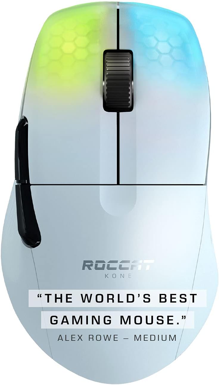 ROCCAT Kone Pro Air Gaming PC Wireless Mouse, Bluetooth Ergonomic Performance Computer Mouse with 19K DPI Optical Sensor, AIMO RGB Lighting & Aluminum Scroll Wheel, 100+ Hour Battery Life, White