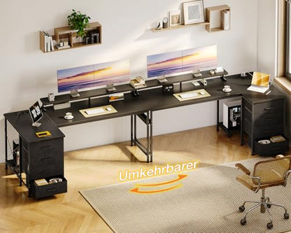 Birou colt L 160x80 cu sertare ODK + USB si priza, raft monitor, negru