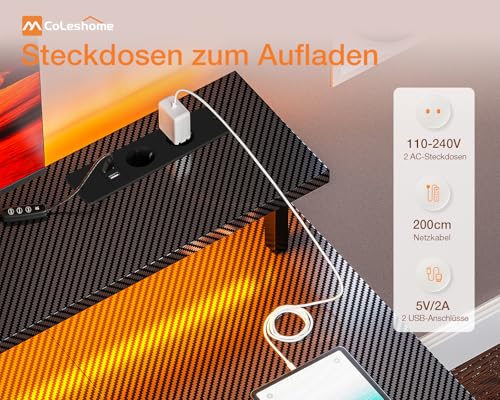 Birou gaming 120x50 cm cu LED si USB/Prize Coleshome, suport monitor