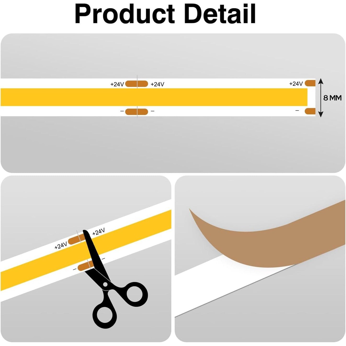 COB LED Strip 10M, 3000K Warm White LED Strips, 24V Dimmable LED Strip Lights, CRI92+,8mm Width, with Remote Control and Power Supply,for Living Room, Kitchen, Mirror