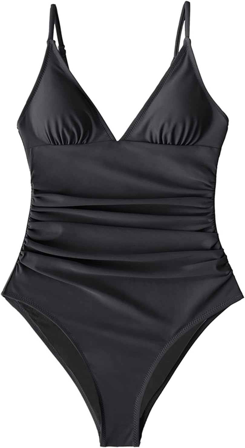 Costum de baie intreg SSCAR cu fronseuri, decolteu in V adanc si sutien detasabil, marimea XL, ASL9035BB