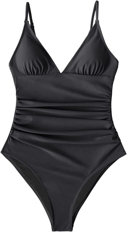 Costum de baie intreg SSCAR cu fronseuri, decolteu in V adanc si sutien detasabil, marimea XL, ASL9035BB