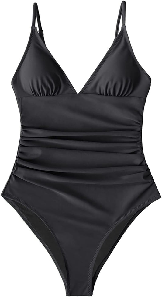 Costum de baie intreg SSCAR cu fronseuri, decolteu in V adanc si sutien detasabil, marimea XL, ASL9035BB