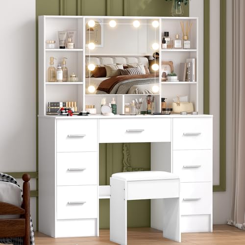 Masa toaleta cu oglinda LED si taburet + 10 LED, 7 sertare, spatii ascunse