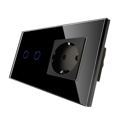 Intrerupator Dimmer touch dublu cu priza Schuko CNBINGO, sticla neagra, LED status