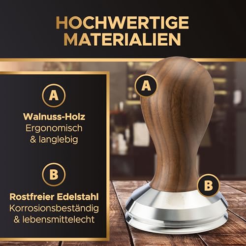 Espresso Tamper 58.5 mm BaristaLegends + baza inox, maner lemn, anti-vacuum