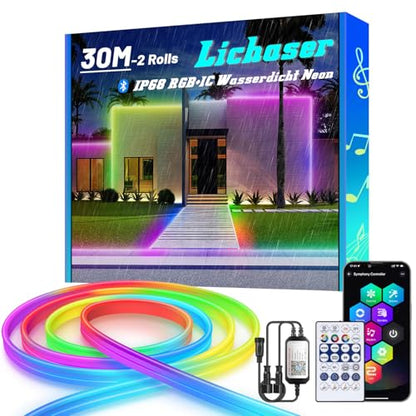 Banda LED neon flexibila Lichaser 30M RGB+IC, IP68 impermeabila, Bluetooth, control prin aplicatie si telecomanda 2.4G, silicon flexibil pentru pavilion, petreceri, camere (15M*2)