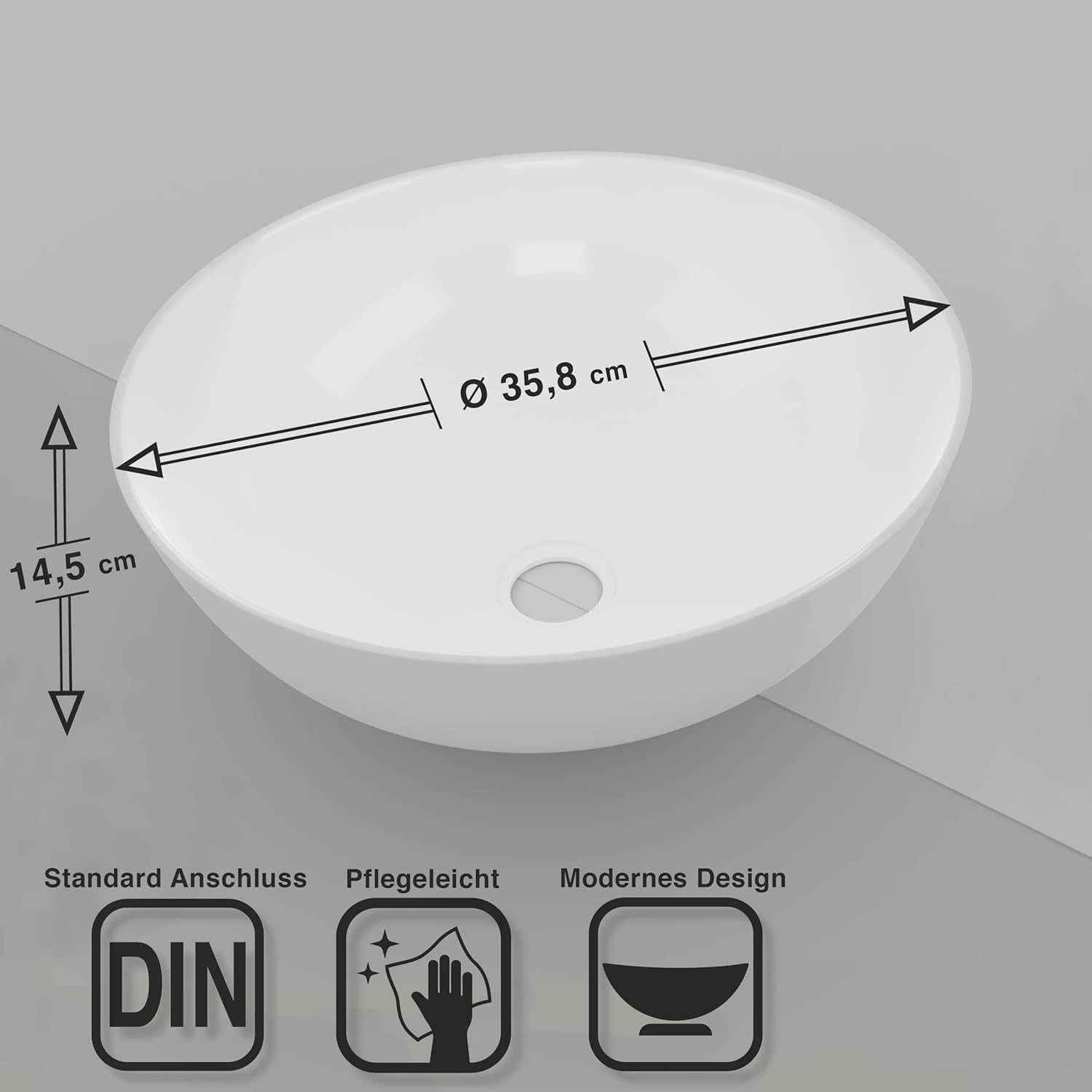 VMbathrooms Premium Round Washbasin with Lotus Effect, Above-Counter Basin for the Bathroom and Guest Toilet, Wash Basin without Tap Hole and without Overflow, Pure White Above-Counter Basin