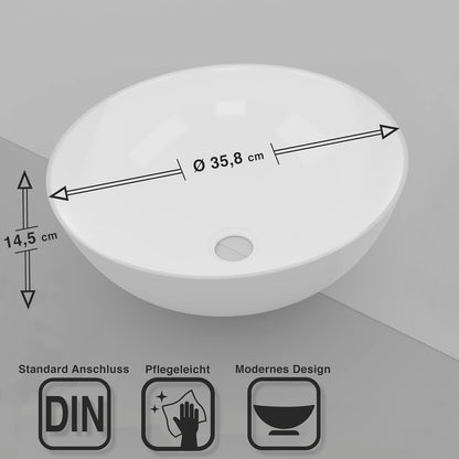 VMbathrooms Premium Round Washbasin with Lotus Effect, Above-Counter Basin for the Bathroom and Guest Toilet, Wash Basin without Tap Hole and without Overflow, Pure White Above-Counter Basin