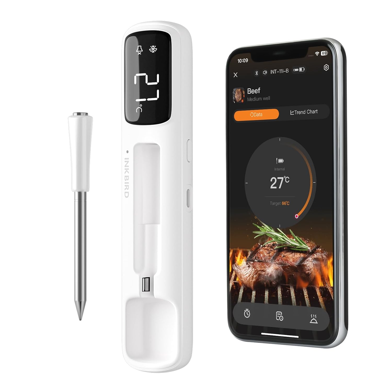 INKBIRD Wireless Meat Thermometer, Bluetooth Meat Thermometer Probe with Temperature Alarm, IP67 Waterproof, Ideal for Kitchen, BBQ, Smoker & Air Fryers