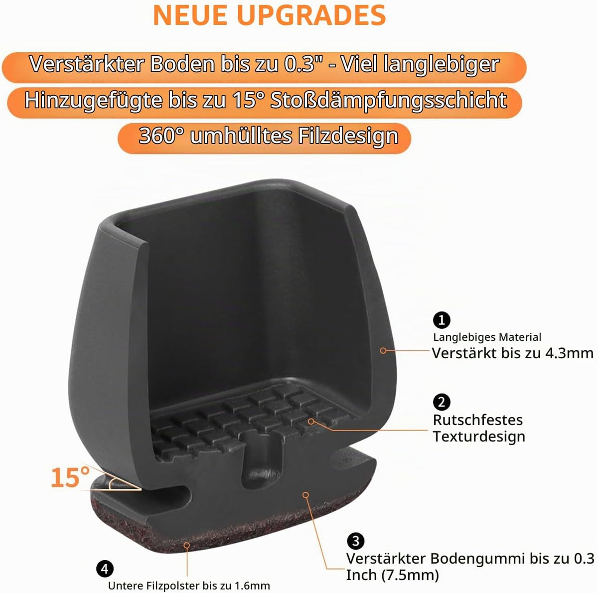 Capace de protectie RCHYFEED pentru picioare patrate de scaun cu fetru, negre, 15-19 mm, set 24 bucati