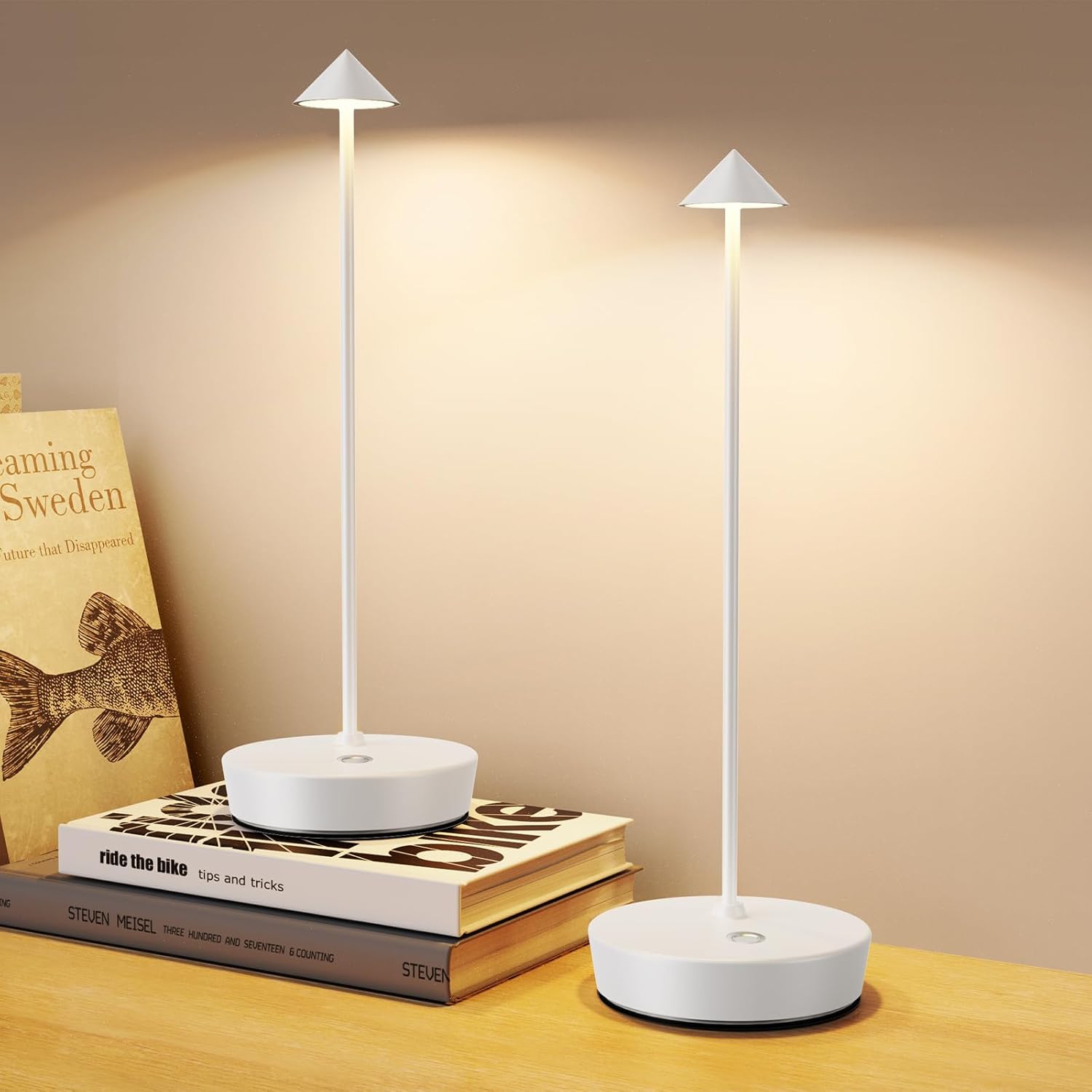 Paquete de 2 lámparas de mesa inalámbricas recargables, lámpara de mesa LED portátil para exteriores, impermeable, 6000 mAh, lámpara de escritorio, 3 colores de atenuación continua para