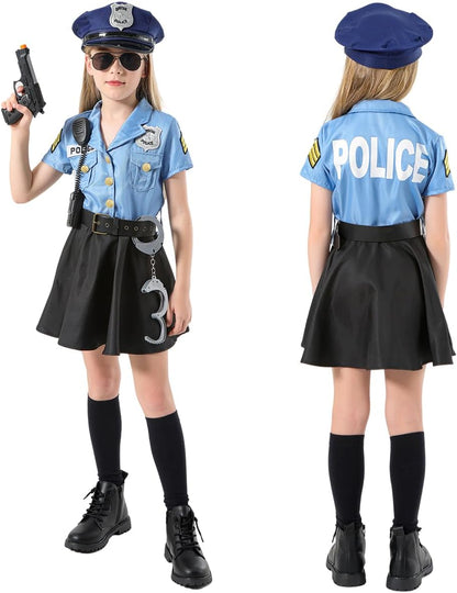 Cop Costume for Kids Girls Police Officer Costume Dress with Hat Toddler Halloween Costume Outfit Set with Stuff Toy