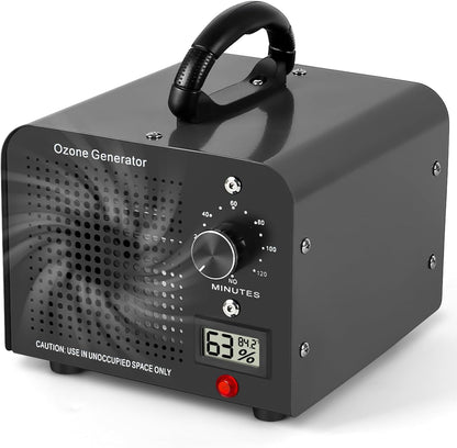 Ozone Generator, 60,000 mg/h Ozone Device with Temperature and Humidity Display, Ozone Air Purifier with 120 Min Timer, for Car, Home, Room, Smoke, Pet Odours and Kitchen Odours, Black