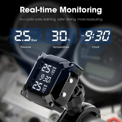Jansite Motorcycle TPMS Wireless Tyre Pressure Monitoring System with 2 External Sensors LCD Display Car Alarm System Anti-Off & Waterproof Waterproof