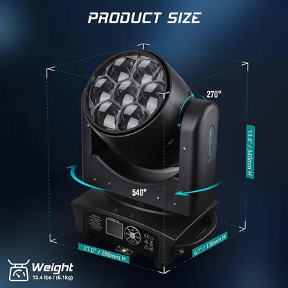 BETOPPER Moving Head Light 7x40W RGBW Beam/Wash/Zoom/CTO Effect Bee Eye LED Stage Lighting Spot Lights with Sound Activated for DJs, Bars, Christmas, and Home Party Lighting,1 Pack