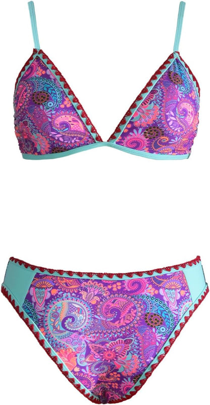 Costum de baie din doua piese CUPSHE cu decolteu in V, talie joasa si imprimeu paisley, marimea XL, Aqua