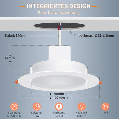 DUSKTEC Smartee LED Spotlight RGB, LED Recessed Spotlight, 230 V Flat, Alexa Compatible, Bluetooth Ceiling Spotlights, Colour Changing, 10 W, 1000 LM, IP44 Recessed Lights, White, Dimmable with App