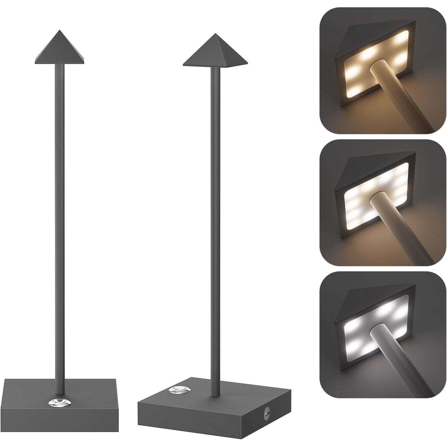 Aipsun 2 Stück LED Dimmbare Akku Tischlampe Kabellose Anthrazit, Wiederaufladbar Warme Lichtfarbe 2700K/4000K/6000K Tischleuchte mit USB-C, Aluminium, IP54 Wasserdichte