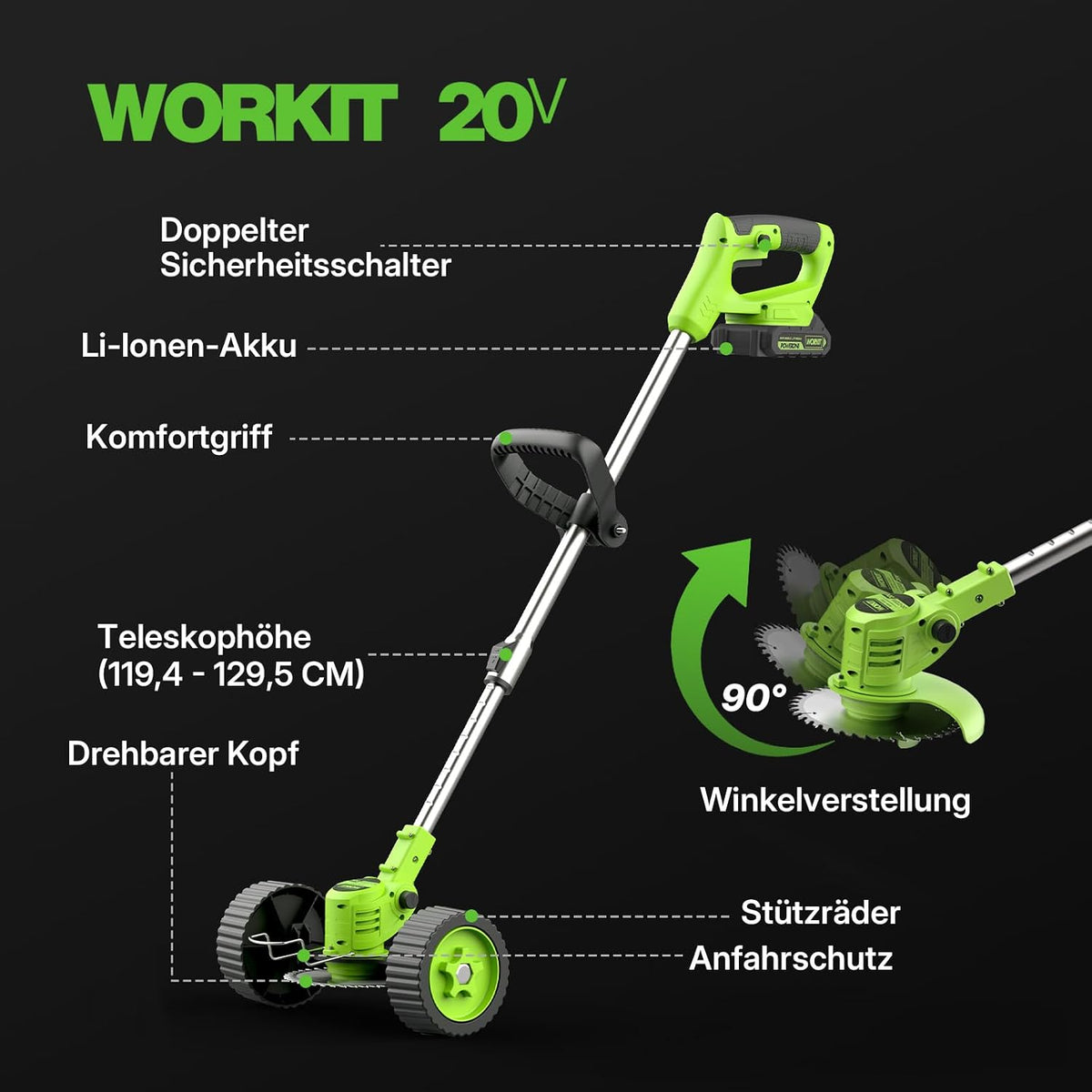 Motocoasa electrica WORKIT 3 in 1 800W cu 2 baterii 2.0Ah pentru gradina