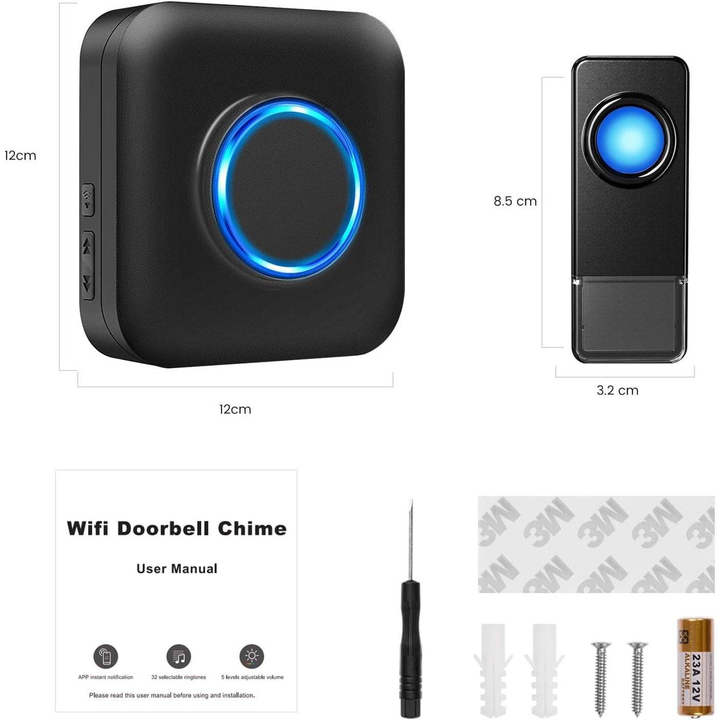 WiFi Doorbell Waterproof Outdoor, APP with No Subscription, 0-110dB Range Wireless Doorbell with 32 Melodies, Door Bell with Remote Notification, Door Bells with LED Flash for Homes, Offices