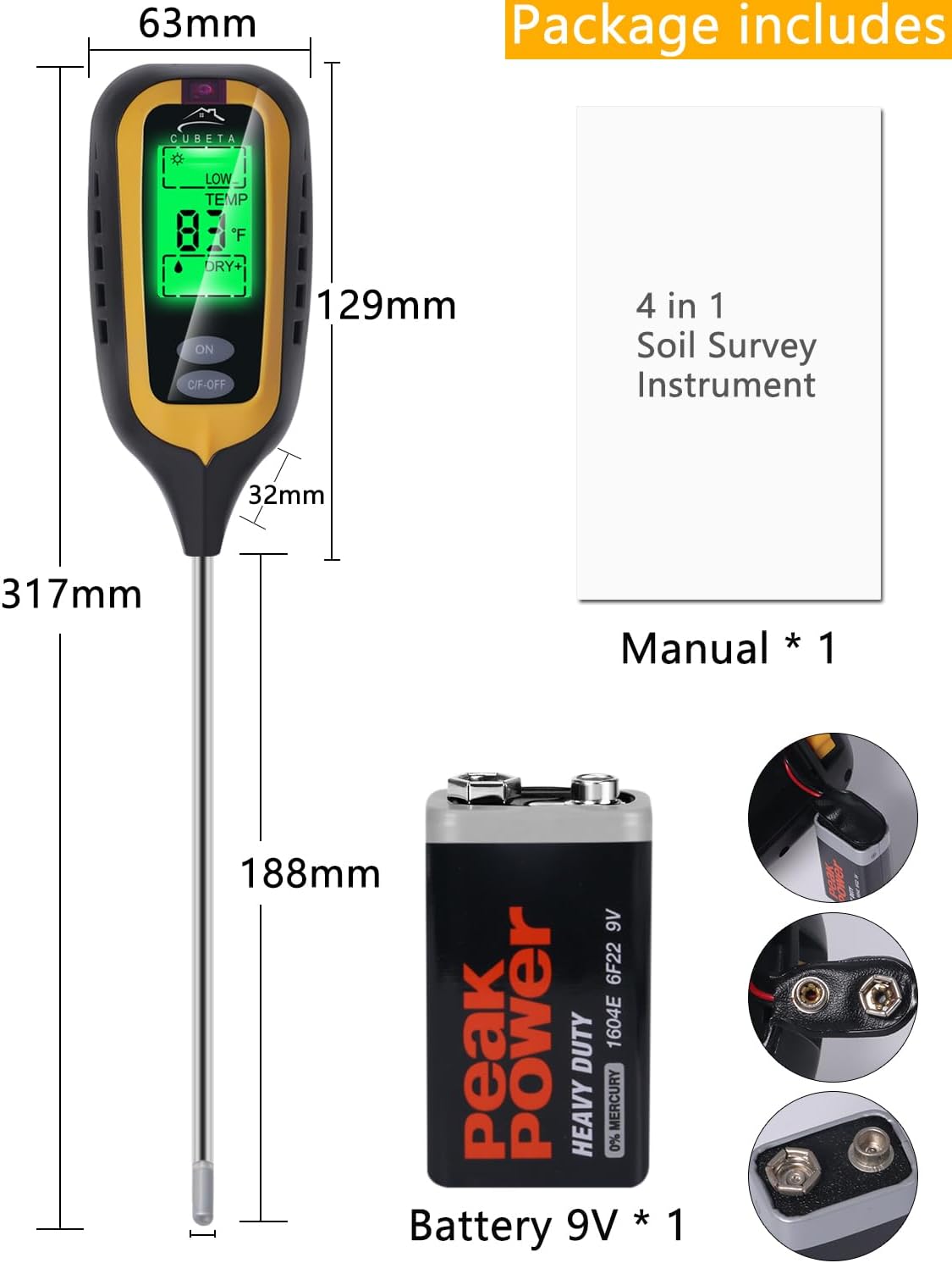 CUBETA Moisture Meter Plants Moisture Meter 4 in 1 Humidity/Temperature/pH/Light for Gardening, Lawn, Indoor Plants (Yellow)