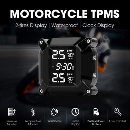 Jansite Motorcycle TPMS Wireless Tyre Pressure Monitoring System with 2 External Sensors LCD Display Car Alarm System Anti-Off & Waterproof Waterproof