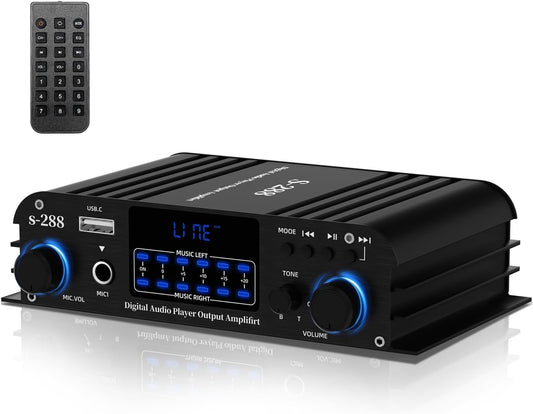 4.1 Channel Amplifier, 1200 W Mini HiFi Stereo Amplifier, Bluetooth 5.0 for Home Speakers 35 W x 4 from 110-240 V to DC 12 V with USB/Microphone/FM with Remote Control