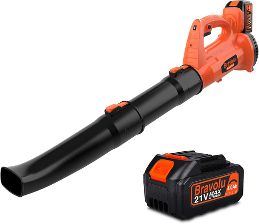 Battery Leaf Blower, Bravolu 21 V Blower Max. Fan Speed 210 km/h, with 4.0 Ah Battery and Charger, 6 Speed