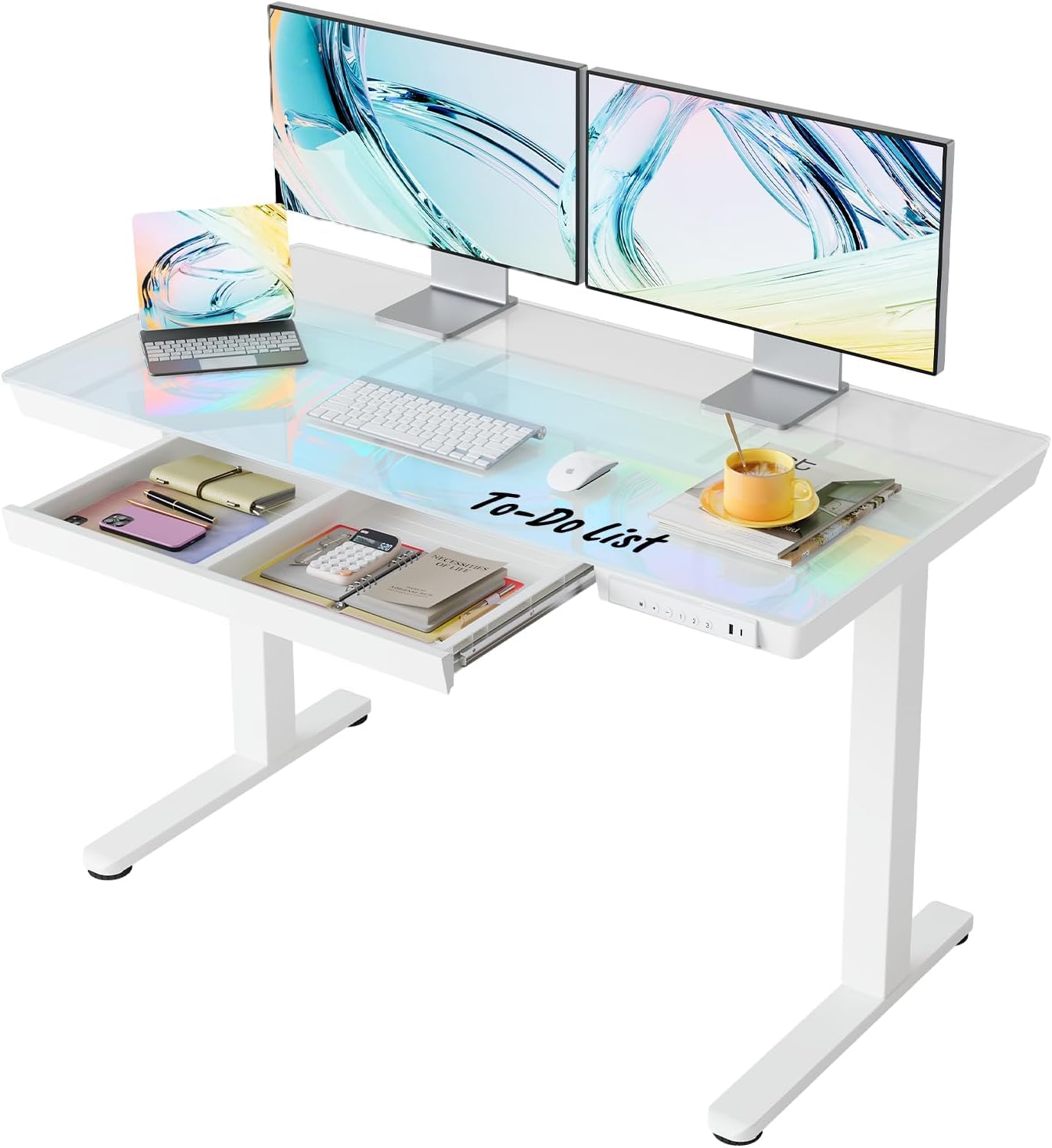 Birou HUANUO 100 x 60 cm din sticla reglabil pe inaltime USB