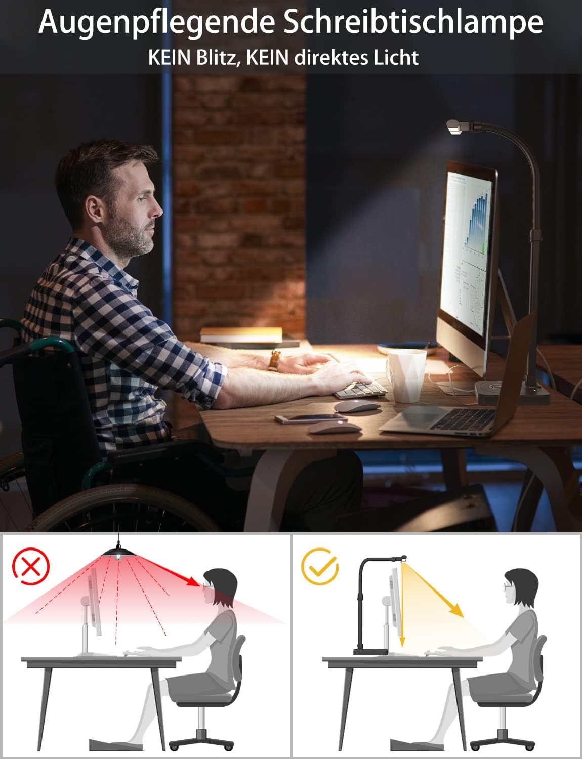 tantu Desk Lamp LED Dimmable, Desk Lamp with 15 W Wireless Charging and USB Charging Function, 24 W 80 cm Double Head Desk Lamp, 5 Colours, 5 Brightness Levels, Office Lamp Gooseneck (Black)
