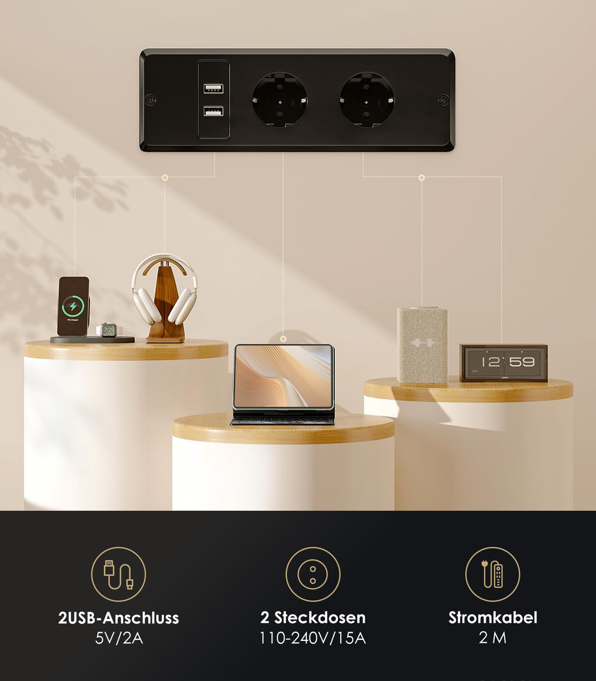 Birou reglabil OffiGo 120 x 54 cm alb cu 3 sertare si USB