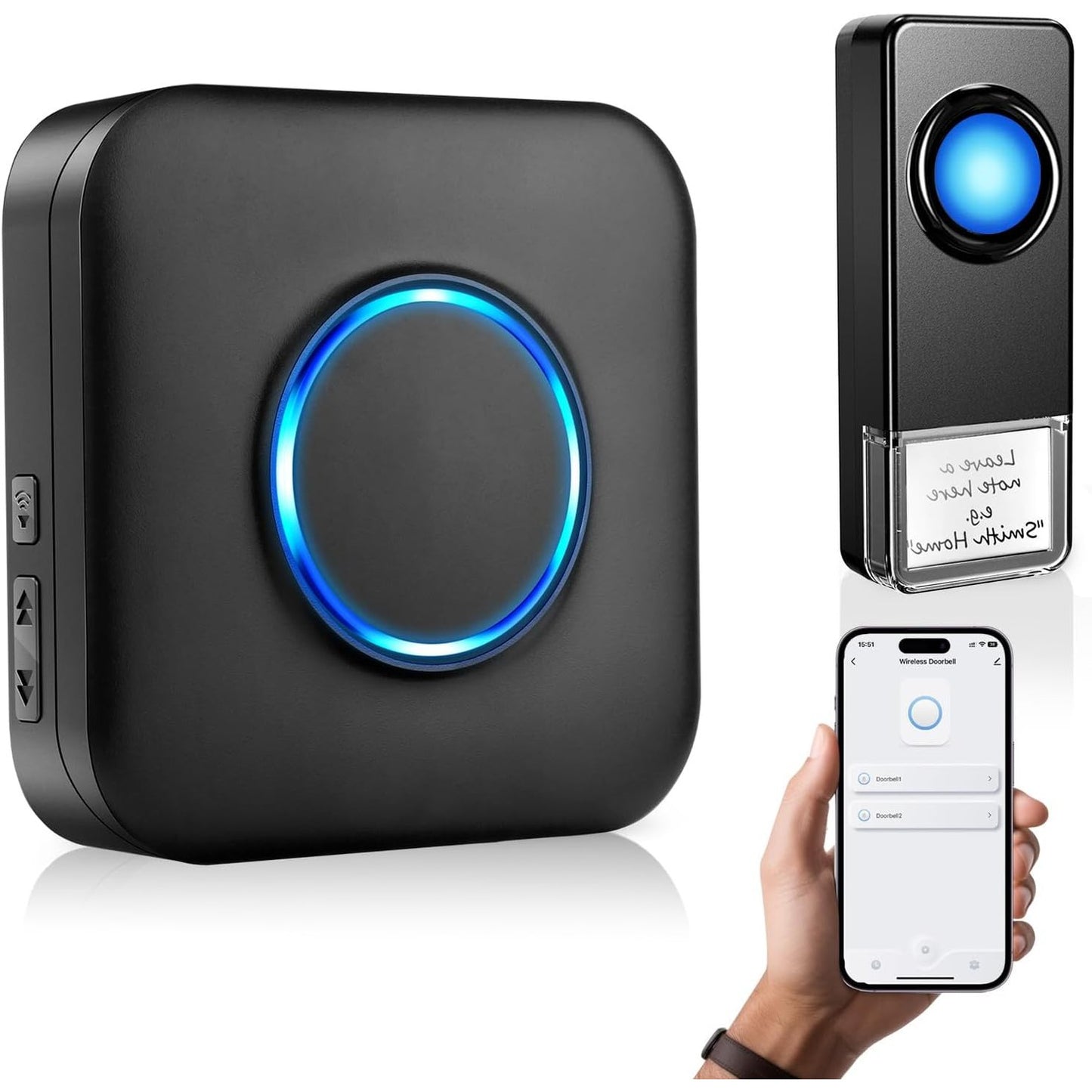 WiFi Doorbell Waterproof Outdoor, APP with No Subscription, 0-110dB Range Wireless Doorbell with 32 Melodies, Door Bell with Remote Notification, Door Bells with LED Flash for Homes, Offices