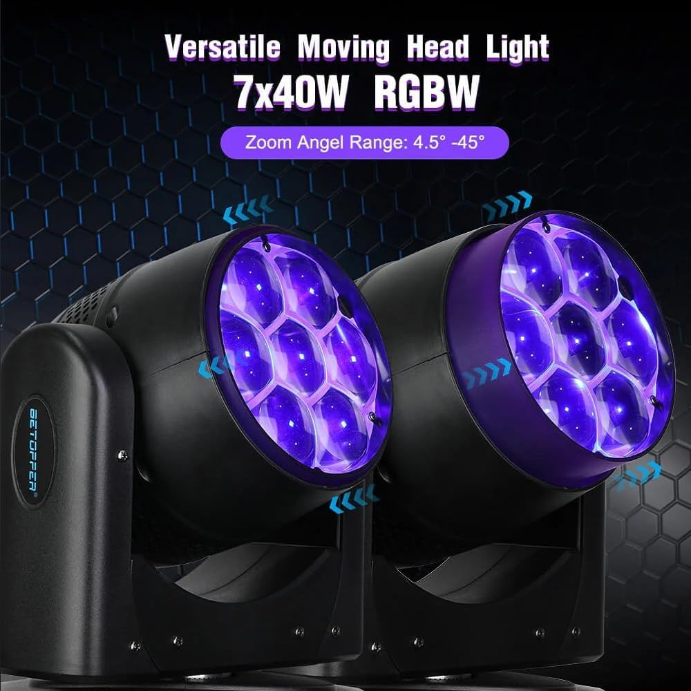 BETOPPER Moving Head Light 7x40W RGBW Beam/Wash/Zoom/CTO Effect Bee Eye LED Stage Lighting Spot Lights with Sound Activated for DJs, Bars, Christmas, and Home Party Lighting,1 Pack