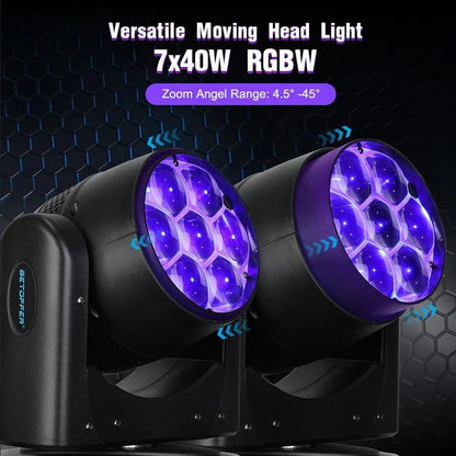 BETOPPER Moving Head Light 7x40W RGBW Beam/Wash/Zoom/CTO Effect Bee Eye LED Stage Lighting Spot Lights with Sound Activated for DJs, Bars, Christmas, and Home Party Lighting,1 Pack