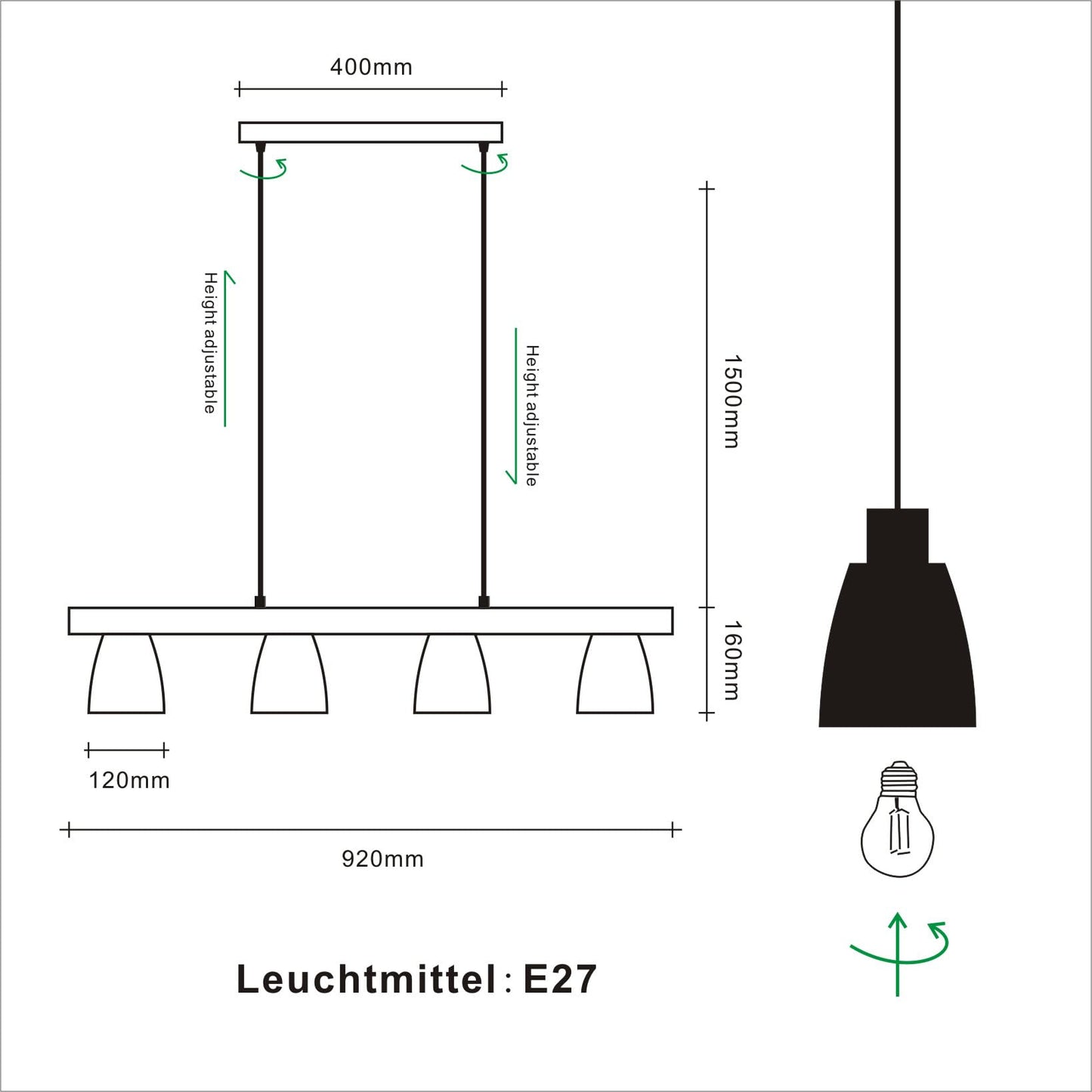 Pendul Vintage 4 lumini E27 92 cm lemn si metal negru