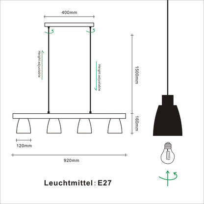 Pendul Vintage 4 lumini E27 92 cm lemn si metal negru