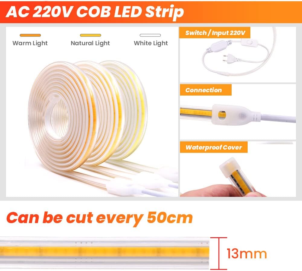 COB LED Strip with Switch, XUNATA 360Leds/m IP65 Waterproof 230V Super Bright Flexible LED Strip Light for Cabinet, Kitchen, Bedroom, Home Decoration DIY (White, 10M)