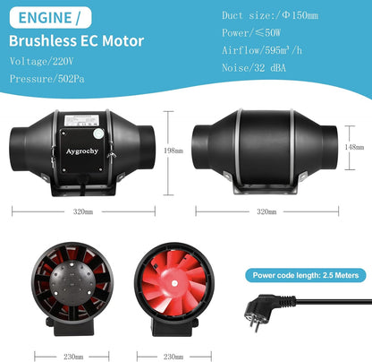 Aygrochy Inline duct Fan 150mm/6 inch, Extractor Fan with Variable Speed Controller, using for Bathroom, Office, Grow Tents, EC motor 2800 rpm, UK Plug