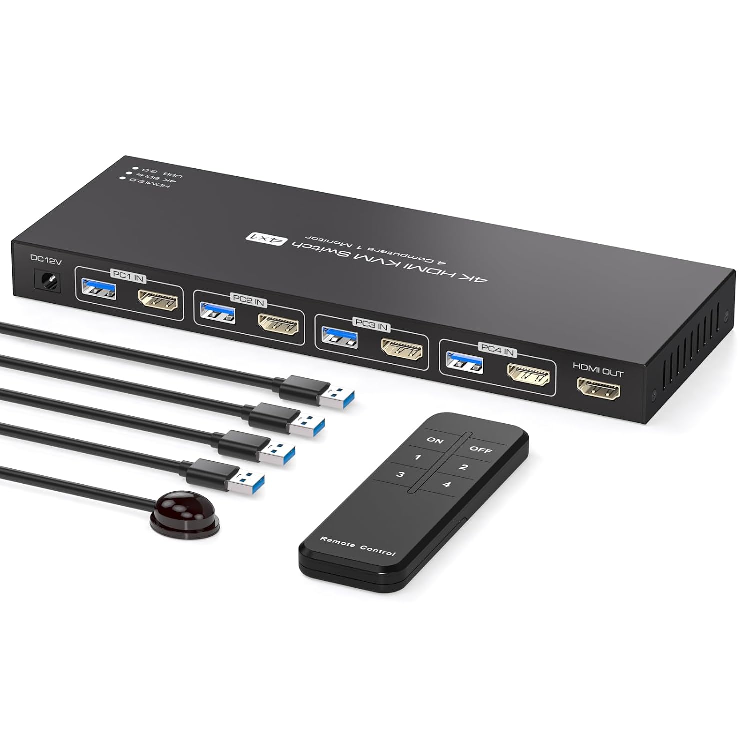 USB3.0 HDMI KVM Switch 4 Computers EDID 4K60Hz 4 Port KVM for 4 PC Sharing 1 Monitor and 4 USB 3.0 Devices with Controller