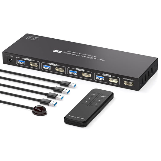 USB3.0 HDMI KVM Switch 4 Computers EDID 4K60Hz 4 Port KVM for 4 PC Sharing 1 Monitor and 4 USB 3.0 Devices with Controller